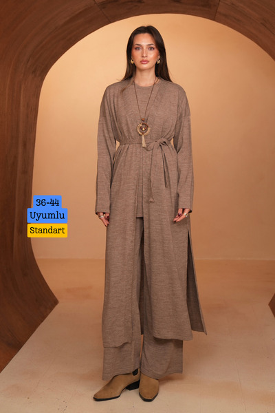 Balenbi Women's Knitwear Fabric Belted Basic 3-Piece Abaya Set 8617 Mink