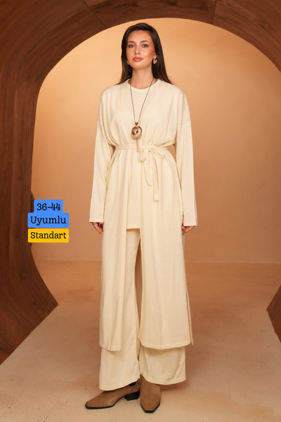 Balenbi Women's Knitwear Fabric Belted Basic 3-Piece Abaya Set 8617 Ecru