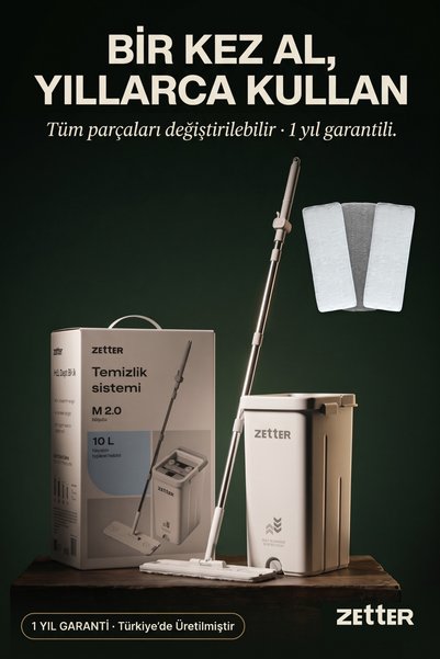 Zetter Mop Temizlik Seti, 1 Yıl Garantili, Zamanlayıcılı, 3 Bezli, Kolay Sıkmalı