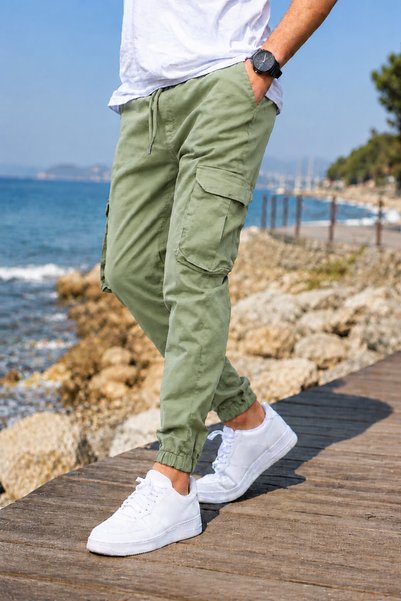 SERAZAT Muške pamučne lycra kargo pantalone sa džepovima, zelene pantalone sa...