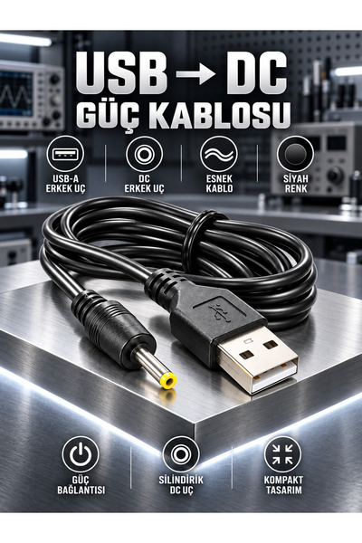 MVLH 1 Metre / 2.5x0.7 mm Ölçülü USB A'dan DC Jak Girişli / Akıllı Cihazlar İçin Evrensel Şarj, Güç Aktarım Kablosu
