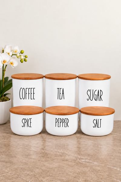 KaiHome 3lü Bambu Kapaklı Çay/Kahve/Şeker ve 3Lü Bambu Kapaklı Salt/Pepper/Spice
