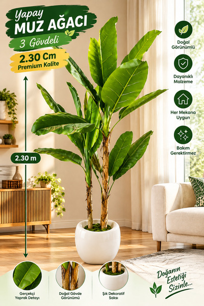 ledison Yapay MUZ Ağacı 3 gövdeli 2.30 Cm Premium Kalite