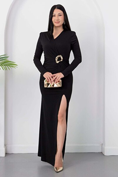 PULLIMM Double-Breasted Collar, Waist Buckle, Long Sleeve Dress K-262671