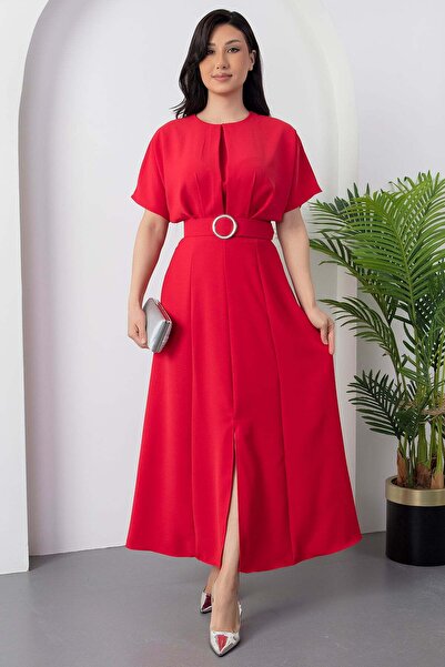 PULLIMM Crew Neck Batwing Sleeve Belted Dress DKS1055