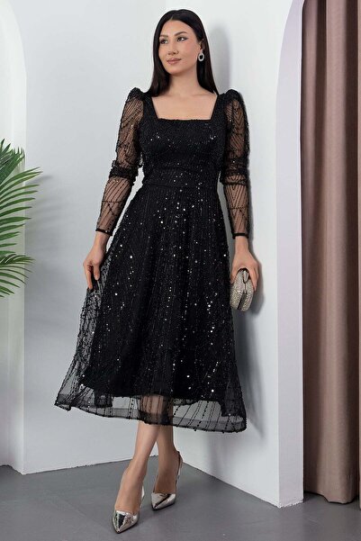 PULLIMM Square Neck Long Sleeve Beaded Tulle Dress 41112