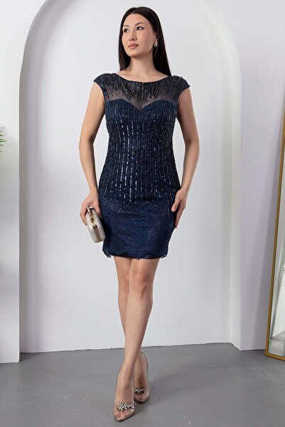 PULLIMM Boat Neck Beaded Lace Dress 10102