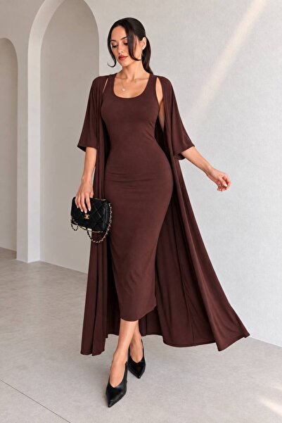 ARK MAĞAZALARI U-Necklace Sleeveless Dress and Long Cardigan 2-Piece Set