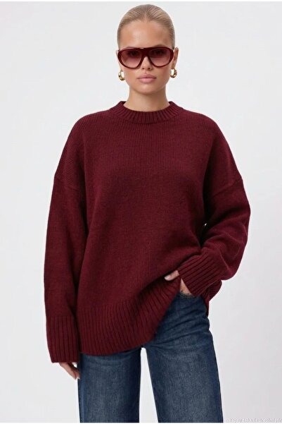 Ritnice Kadın Homy Yumuşacık Bisiklet Yaka Bordo Oversize Triko Kazak