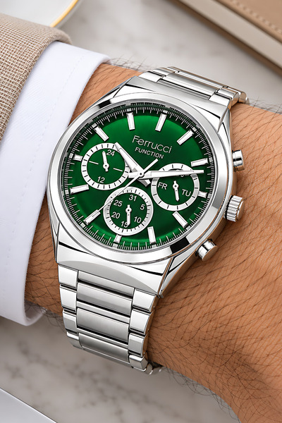 Ferrucci Function Men's Wrist Watch - Silver Color Case and Steel Band, Green Dial Zmfer063