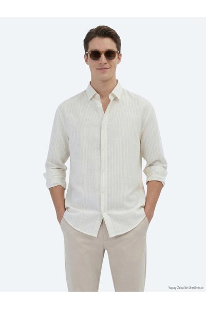 Kip Safran Çizgili Oversize Fit Uzun Dokuma Casual Gömlek