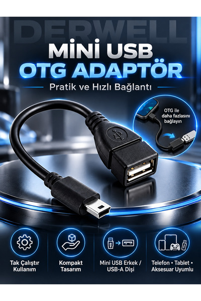 Derwell V3 Kablo 5 Pin Mini Usb Erkek Usb Dişi Aparat Oto Teyp Flash Bellek M...