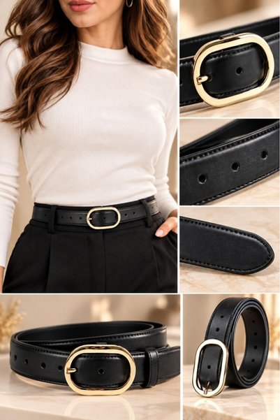 WİLLİAMPOLO Asya Genuine Leather Gold Buckle Black Women's Belt