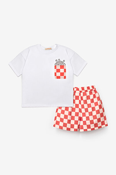 Le Mabelle Rotes Popcorn-Shorts-Set mit Schachbrettmuster für Kinder, kurzärm...
