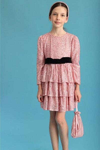 Le Mabelle Pink Sequined Layered Long Sleeve Girls' Dress - Liona