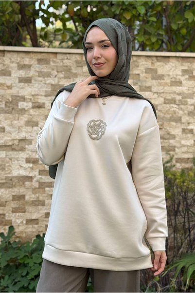 Moda Rosa 27K4445 - BEJ - MY MAGAZİN - ÇİÇEK TAŞ İŞLEMELİ SCUBA SWEAT