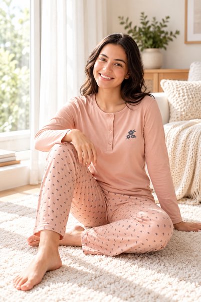 Alperi Women's Viscose Pajama Set Long Sleeve Patched Collar Patterned Trouse...