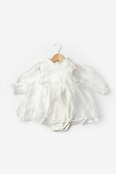 Le Mabelle White Tulle Skirted Dress with Rose Detail and Long Sleeves for Ba...