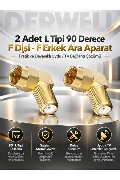 Derwell 2 Adet Gold L Tipi Konnektör Fiş Çevirmeli 90 Derece Adaptör Uydu Ant...