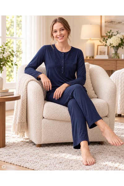 FLZ Women's Lace Viscose Pajama Set Long Sleeve Classic Stylish Homewear 89-150