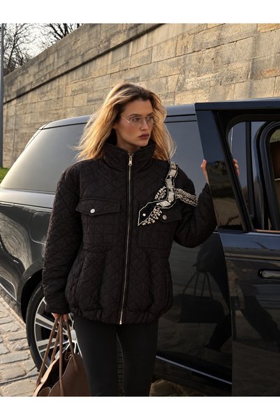 GZ Design Gümüş Kristal Taş İşlemeli Oversize Siyah Bomber Ceket