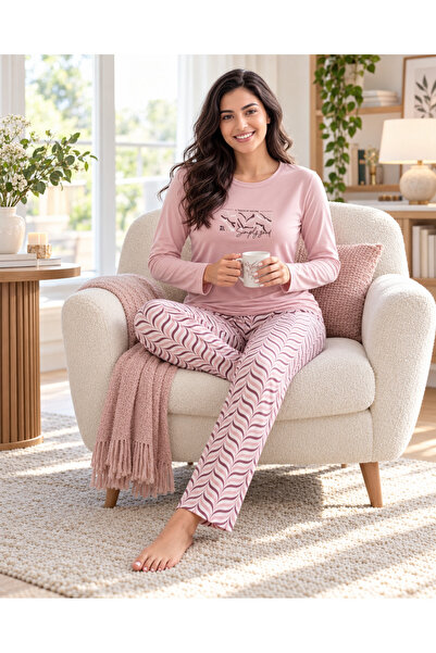 Alperi Women's Viscose Pajama Set Long Sleeve Crew Neck Patterned Trousers Mo...