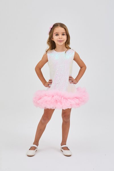 Le Mabelle White Sequined Sleeveless Girl's Dress with Tulle Hem - Evie