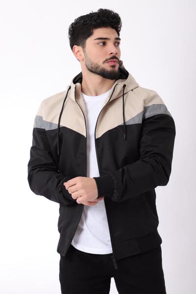 Stilkombin Men's Beige Bill Triangle Piece Hooded Seasonal Coat 1220