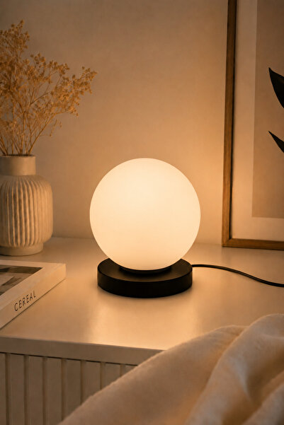 Eslight Moon Modern Cam Küre Masa Lambası Beyaz Tabanlı Dekoratif Abajur Gece...