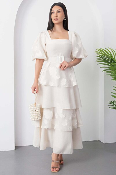 PULLIMM Square Neckline Belted Layered Dress Els8574