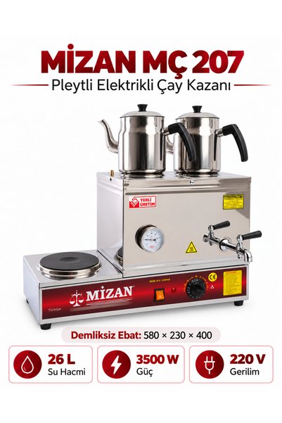 Mizan Çift Demlikli Elektrikli Pleytli 30 Lt. Çay Kazanı 2 Adet Çelik Demlik ...