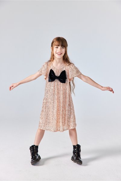 Le Mabelle Rose Sequin Bow Detailed Short Sleeve Girls' Dress - Rhea