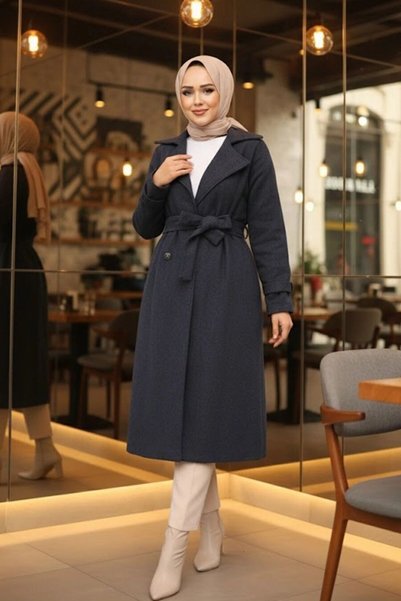 Neva Style Belted Navy Blue Stamped Hijab Coat 61210L