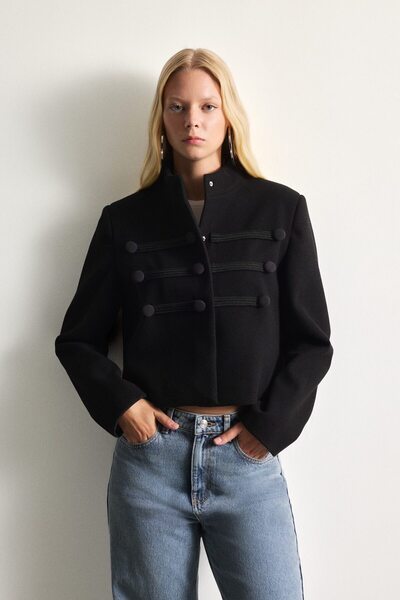 DeFacto Fitted Crew Neck Stripe Detailed Short Cashmere Coat I5139Ax26Wn