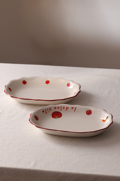 Rakle x Bengi Kurtcebe Pomodoro Stoneware 2'li Kayık Sunum Tabağı Seti 25 cm