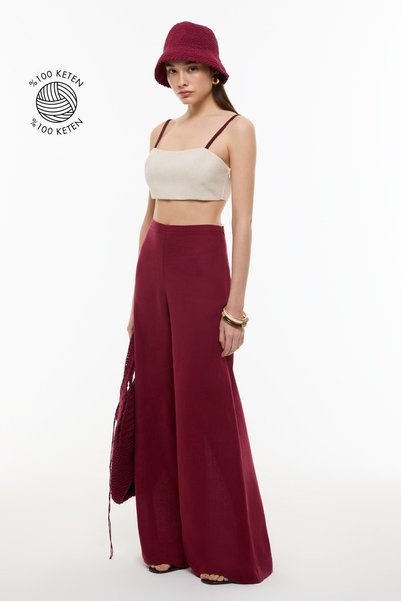 Roman Geniş Paça Keten Pantolon Bordo YY012013_008
