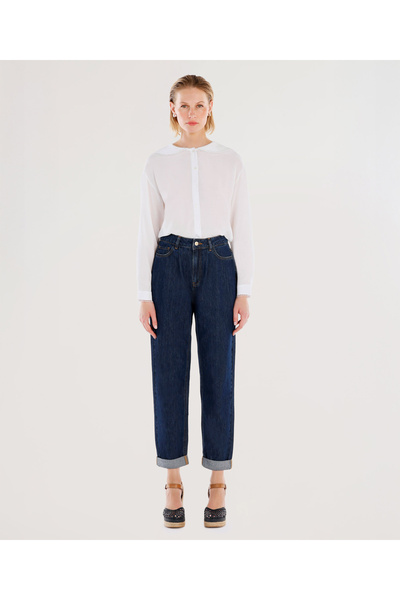 Yargıcı Nakış Detaylı Yüksek Bel Rahat Fit Denim Pantolon