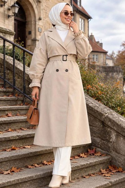 N.S NEVA STYLE Belted Beige Hijab Trench Coat 26421Bej