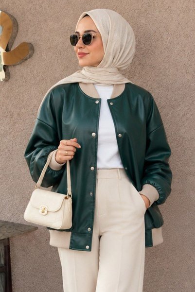 Neva Style Buttoned Emerald Green Hijab Leather Jacket 9264ZY