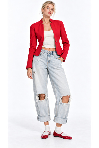 Kallisto Red Single Button Stand Collar Slim Fit Blazer Jacket