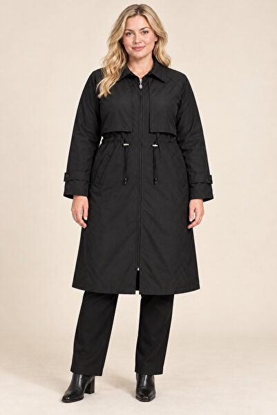 hazelin Women's Plus Size Black Zippered Collared Waist Gathered Pocket Trenc...