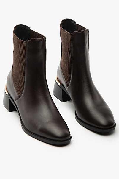 SAYL Brown Genuine Leather Elastic Thick Heeled Women's Boots