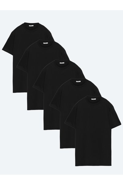 Kip Siyah 5'li Düz %100 Pamuk T-Shirt