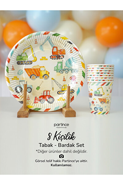 partince 8 Kişilik Retro İnşaat Tema Tabak Bardak Set Kullan At Karton Tabak ...