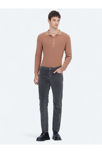Kip Gri Fitilli Dokuma Slim Fit Kadife Casual Pamuk Karışımlı Pantolon