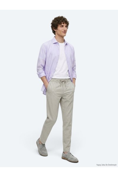 Kip Bej Çizgili Dokuma Jogging Fit Casual Pantolon