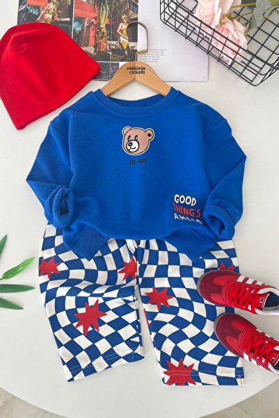 Minigimin Cicileri Bear Vibe Момчешки кариран комплект от 2 части с принт - Син