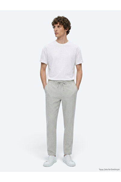 Kip Gray Striped Woven Jogging Fit Casual Linen Blend Trousers