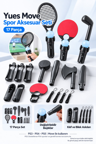YUES PS3 PS4 PS5 Move Uyumlu 17 Parça Spor Aksesuar Seti Tenis Golf Masa Tenisi