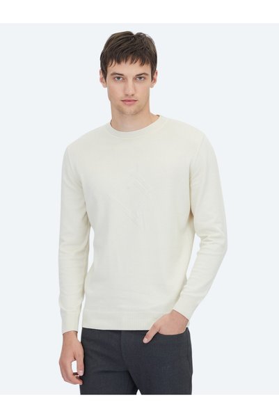 Kip Ecru Crew Neck Patterned Cotton Blend Sweater